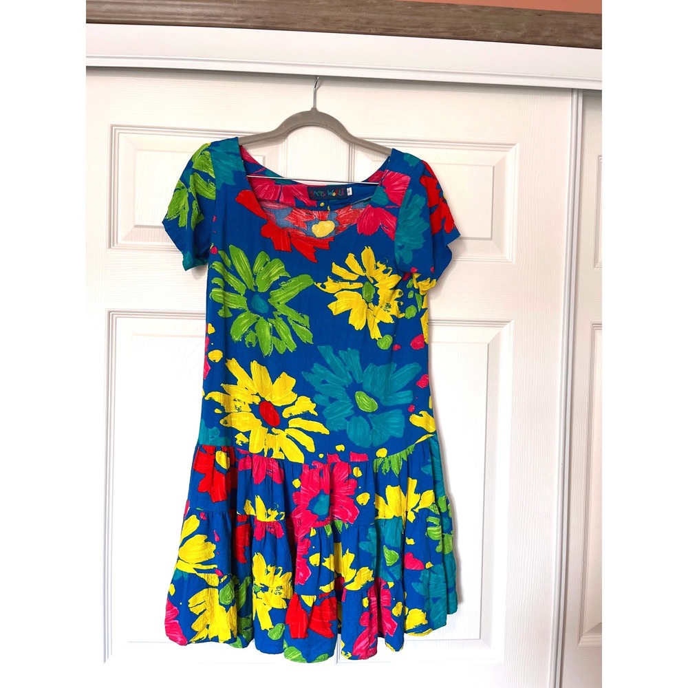 Jams World Womens Blue Floral Tiered Ruffle Mini Dress Short Sleeve Rayon Small